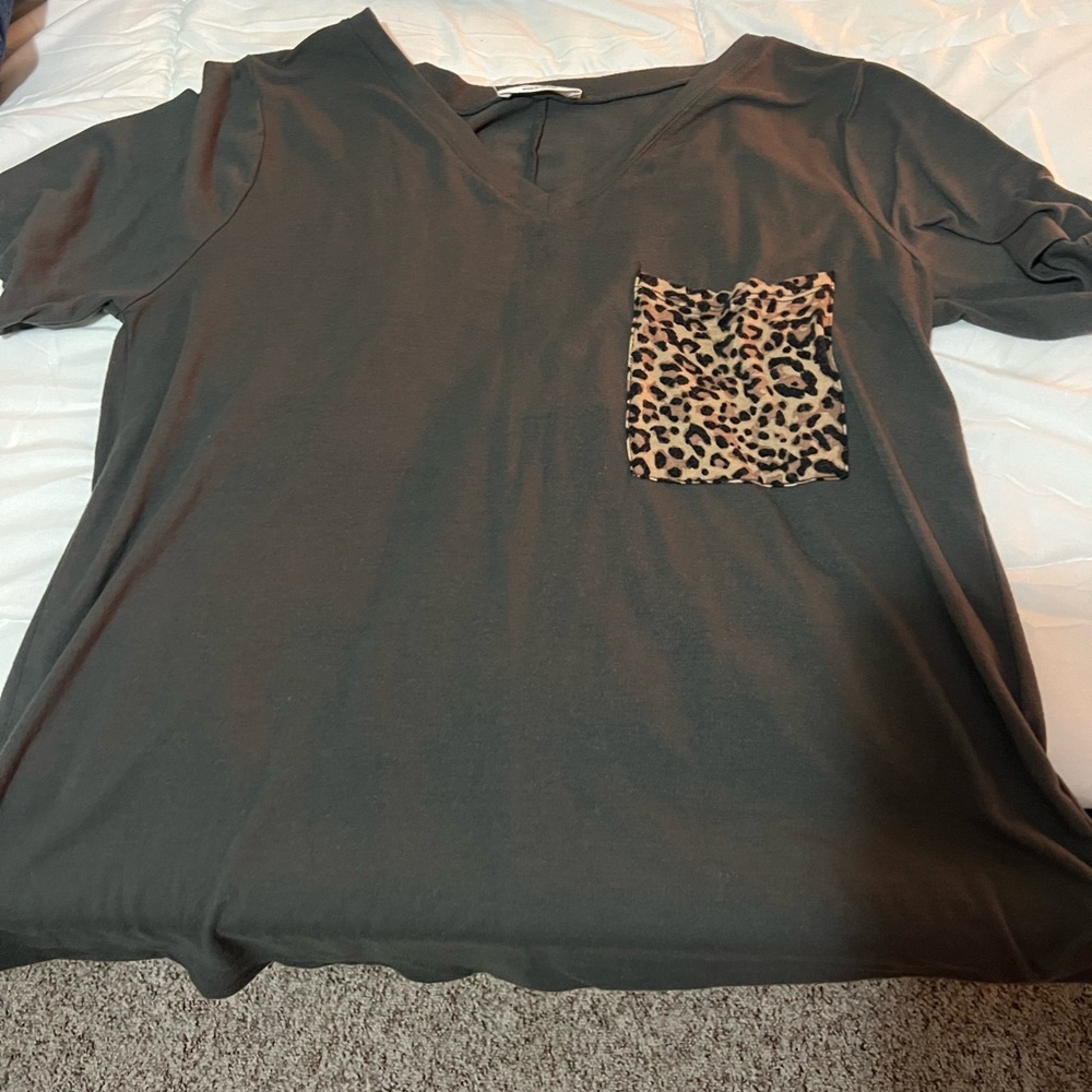 Gray V-Neck Top with Leopard Pocket